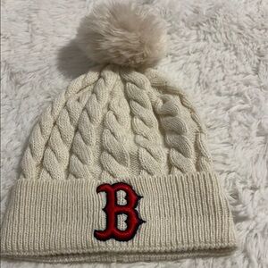 New Era Womens Cream Knit Beanie with Red Logo Boston Red Sox